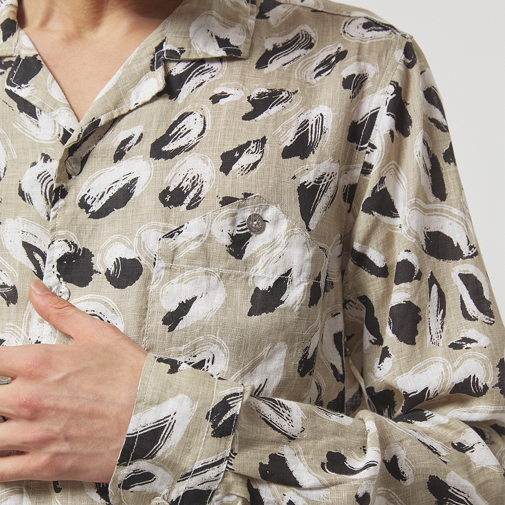 Lightweight hazelnut, black and off-white printed 100% linen long-sleeve shirt with a boxy fit. 