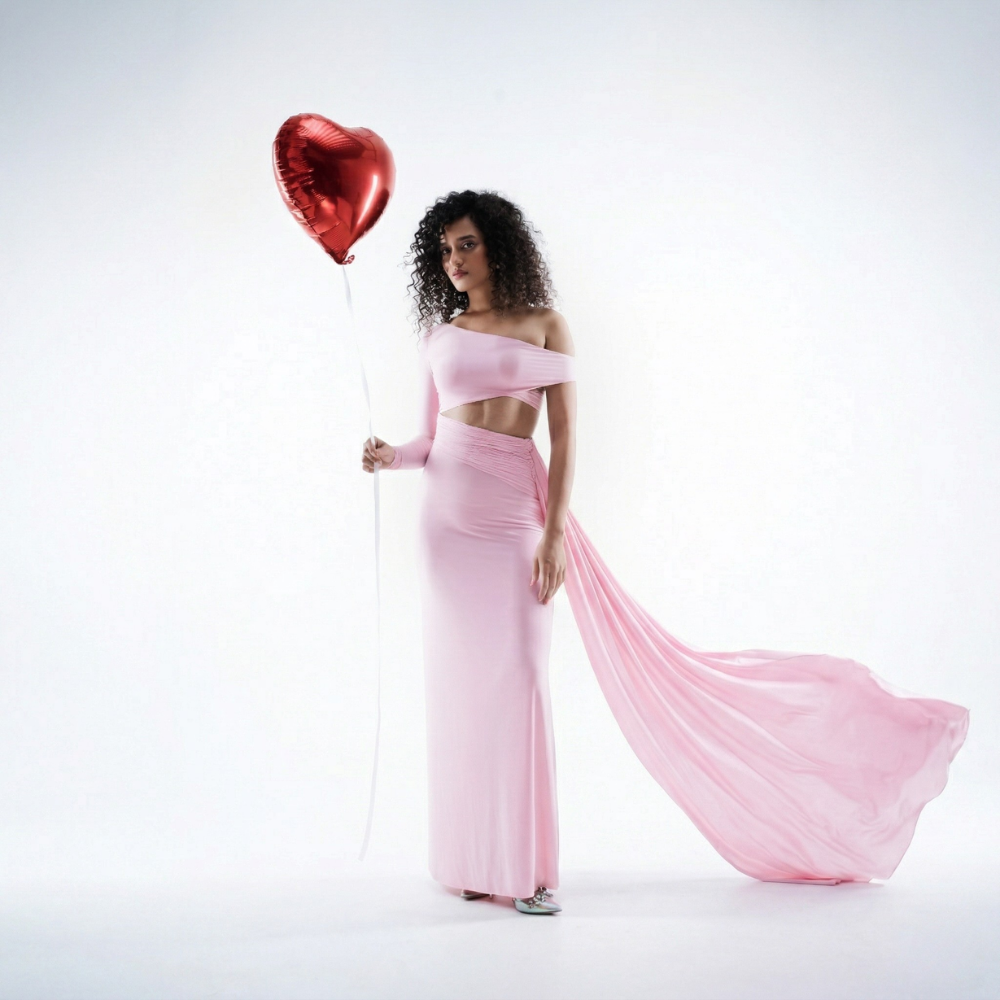 Pink one shoulder lycra dress with draped fit and flowy hem, perfect for brunch and events. Shop online from our exclusive collection of premium styles.