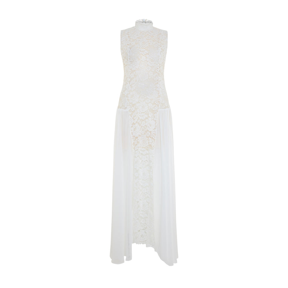 Shop online from our exclusive website and discover the Elaia Dress by Nana Gotti, crafted from Chantilly lace and flowing chiffon for timeless elegance and graceful evening style.