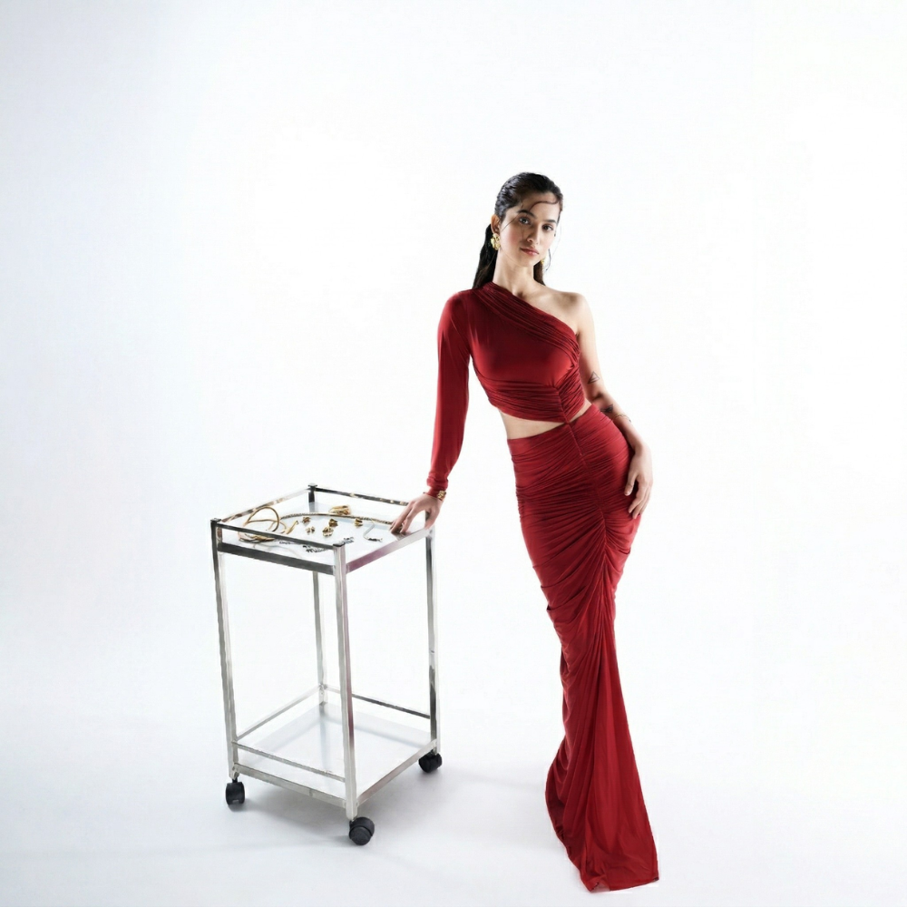 Red one shoulder ruched dress with attached skirt, perfect for parties and events. Shop online from our exclusive collection of premium evening wear styles.