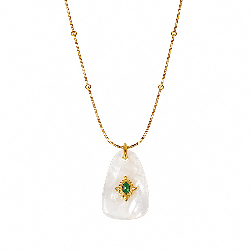 Discover the Elements Gemstone Talisman Necklace at The Luxe Maison, featuring natural gemstones like Amazonite, Rose Quartz, Mother of Pearl, African Jade, and Red Agate.