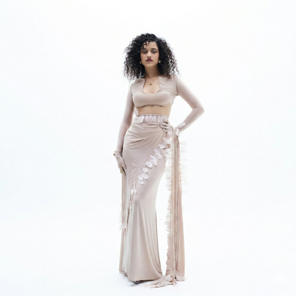 Feather maxi dress with draped shoulder and A-line fit, perfect for brunch and events. Shop online from our exclusive collection of premium styles.