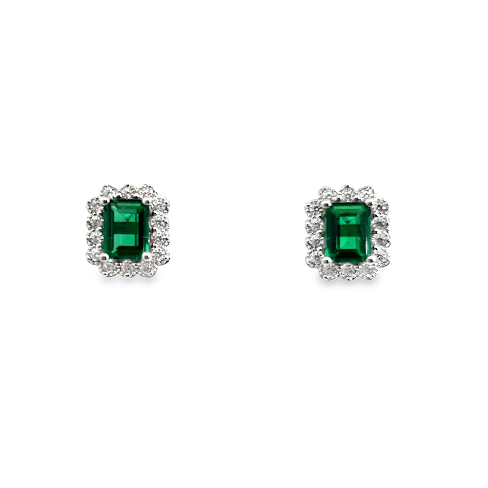 Shop online premium sterling silver emerald stud earrings with sparkling cubic zirconia stones.