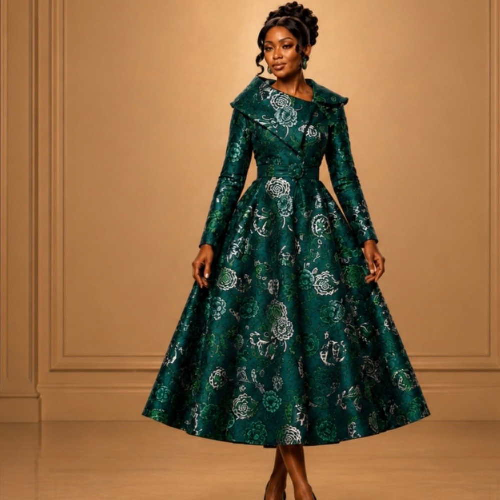 Shop online from our exclusive website. Discover the Emily dress featuring rich emerald damask, an asymmetric sculptural collar, tailored sleeves, belted waist, and elegant tea-length skirt.