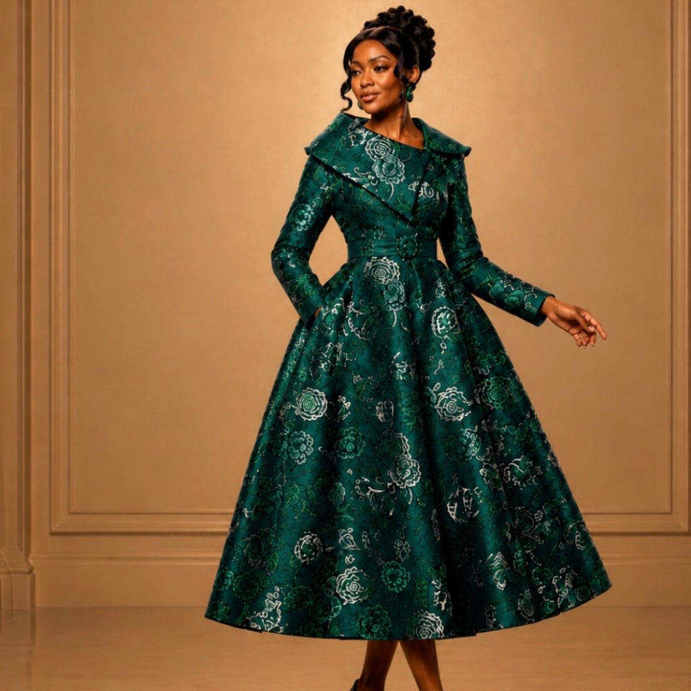 Shop online from our exclusive website. Discover the Emily dress featuring rich emerald damask, an asymmetric sculptural collar, tailored sleeves, belted waist, and elegant tea-length skirt.