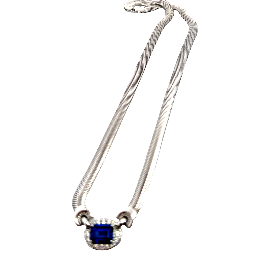 Shop online premium sterling silver blue sapphire necklace with sparkling cubic zirconia stones.
