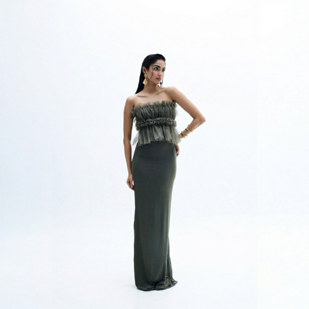 Ruffle bustier gown with sleek silhouette, perfect for parties and occasions. Shop online from our exclusive collection of premium styles.