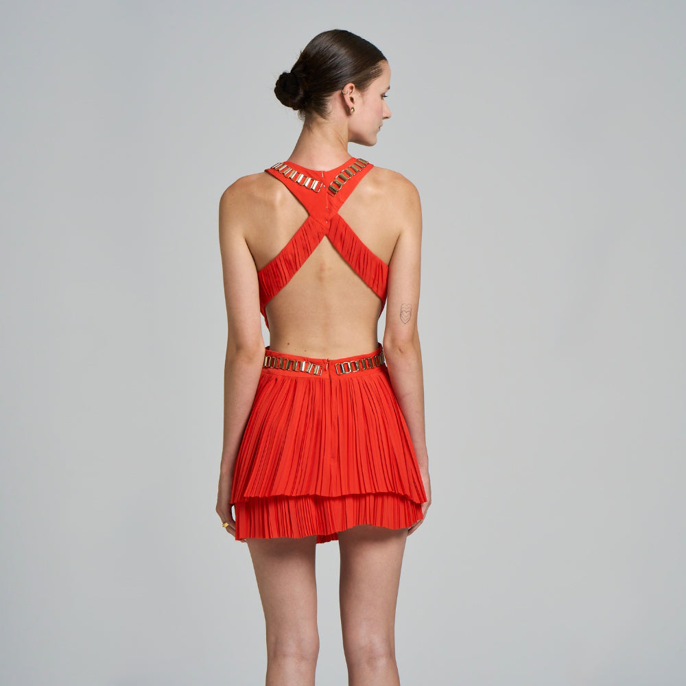 Embroidered chain detail .Low back .Pleated .Sleeveless .Cut-out detailed .Mini party dress