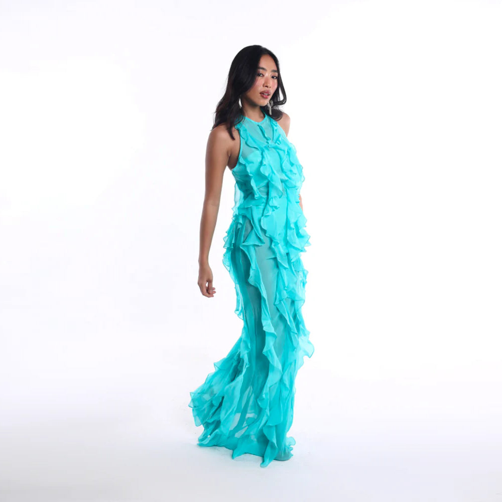 Aqua 3 piece set with sequin bandeau and ruffle overlay, perfect for beachwear. Shop online from our curated edit of premium fashion.