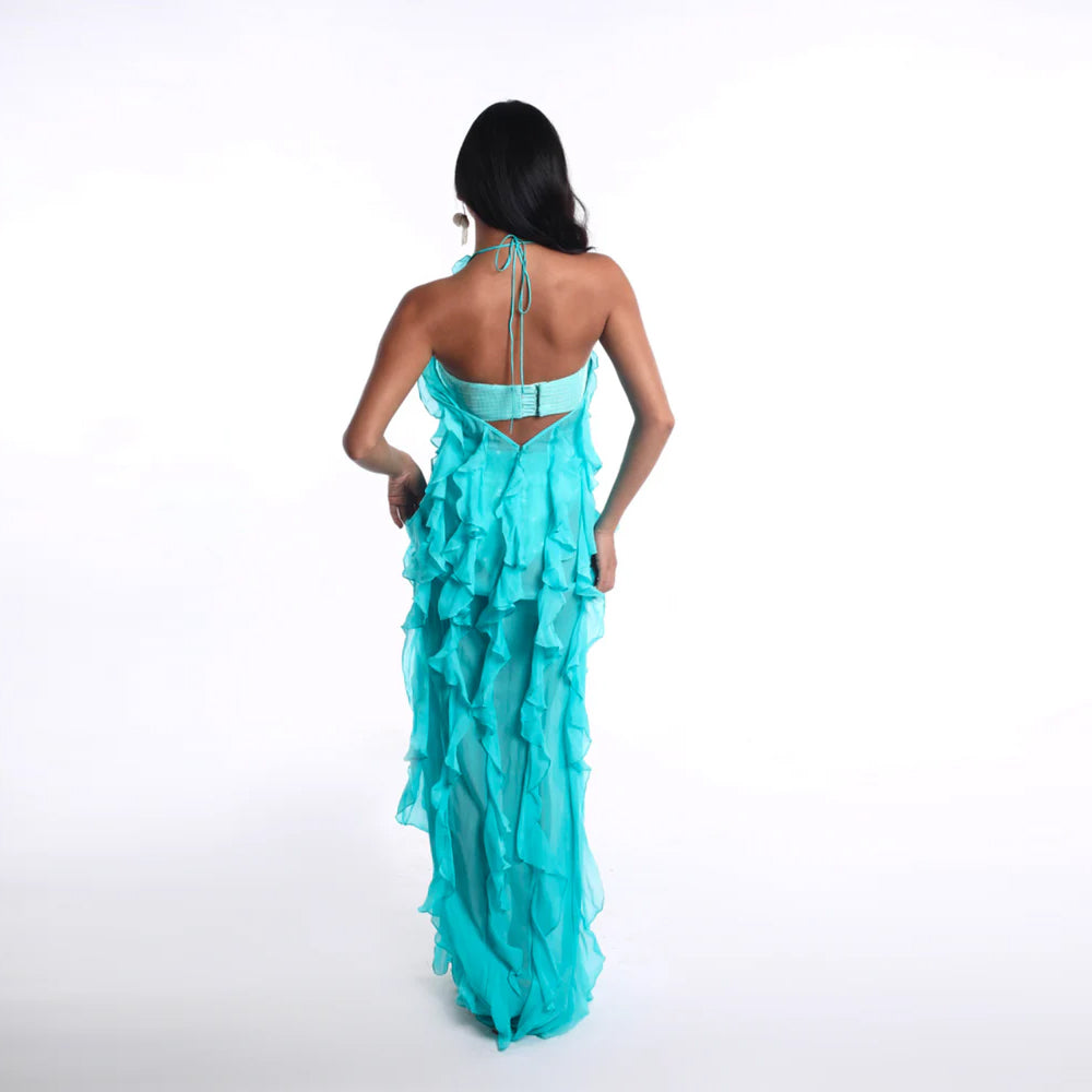 Aqua 3 piece set with sequin bandeau and ruffle overlay, perfect for beachwear. Shop online from our curated edit of premium fashion.