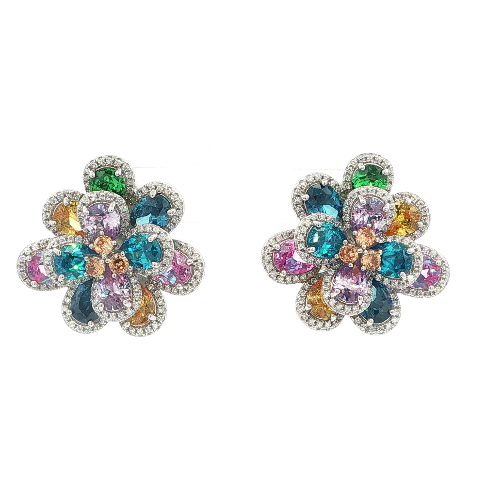 Shop online premium sterling silver floral earrings with pink sapphire and multicolor CZ stones.