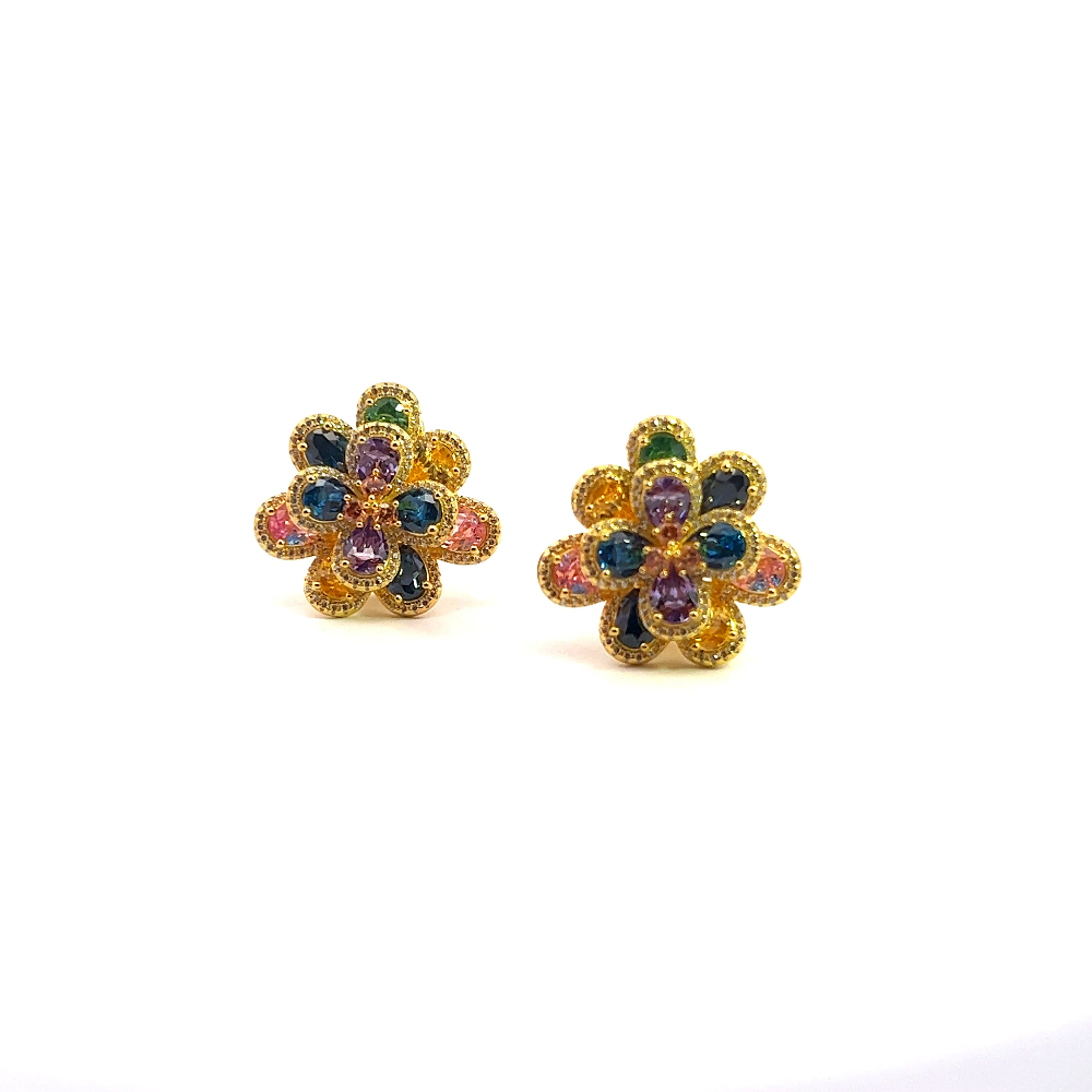 Shop online premium 18K gold floral gemstone earrings with sapphire and multicolor CZ stones.