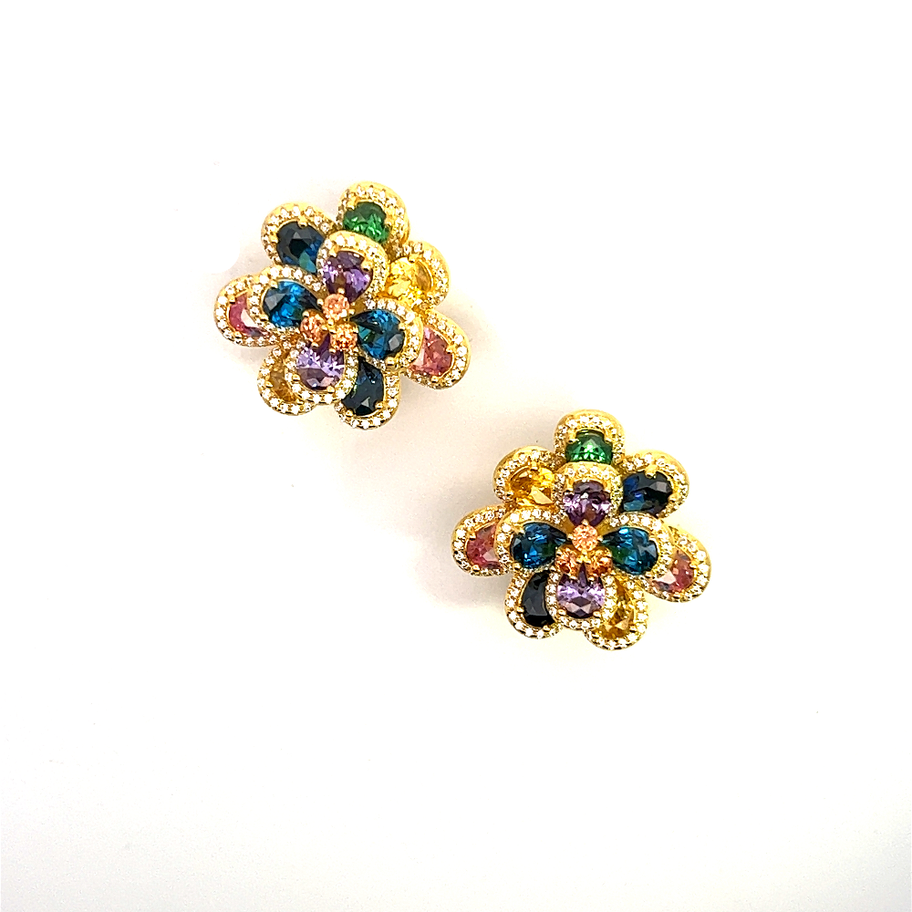 Shop online premium 18K gold floral gemstone earrings with sapphire and multicolor CZ stones.