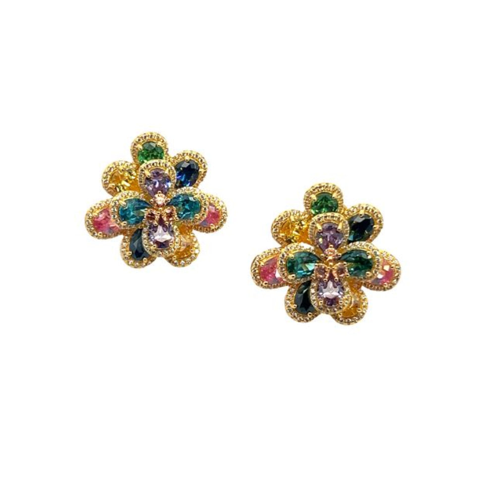 Shop online premium 18K gold floral gemstone earrings with pink sapphire and multicolor CZ stones.