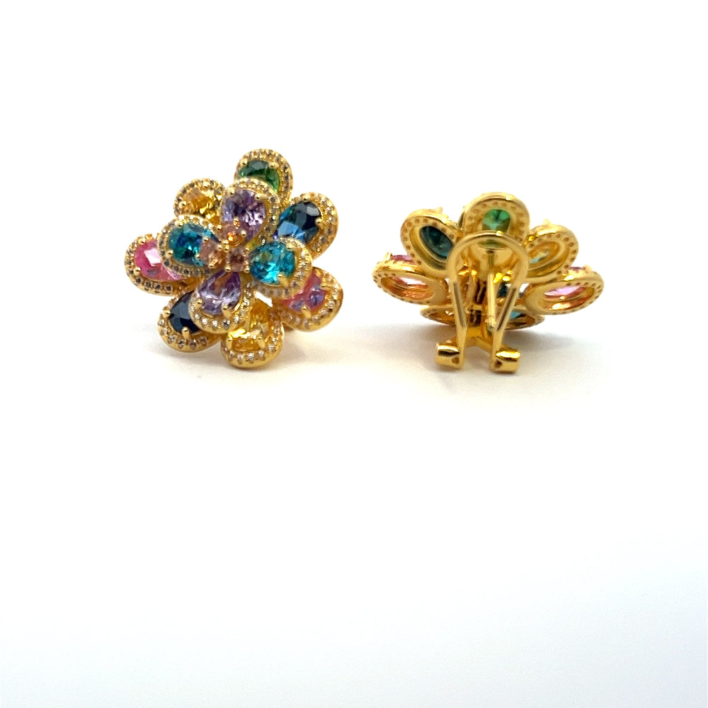 Shop online premium 18K gold floral gemstone earrings with pink sapphire and multicolor CZ stones.