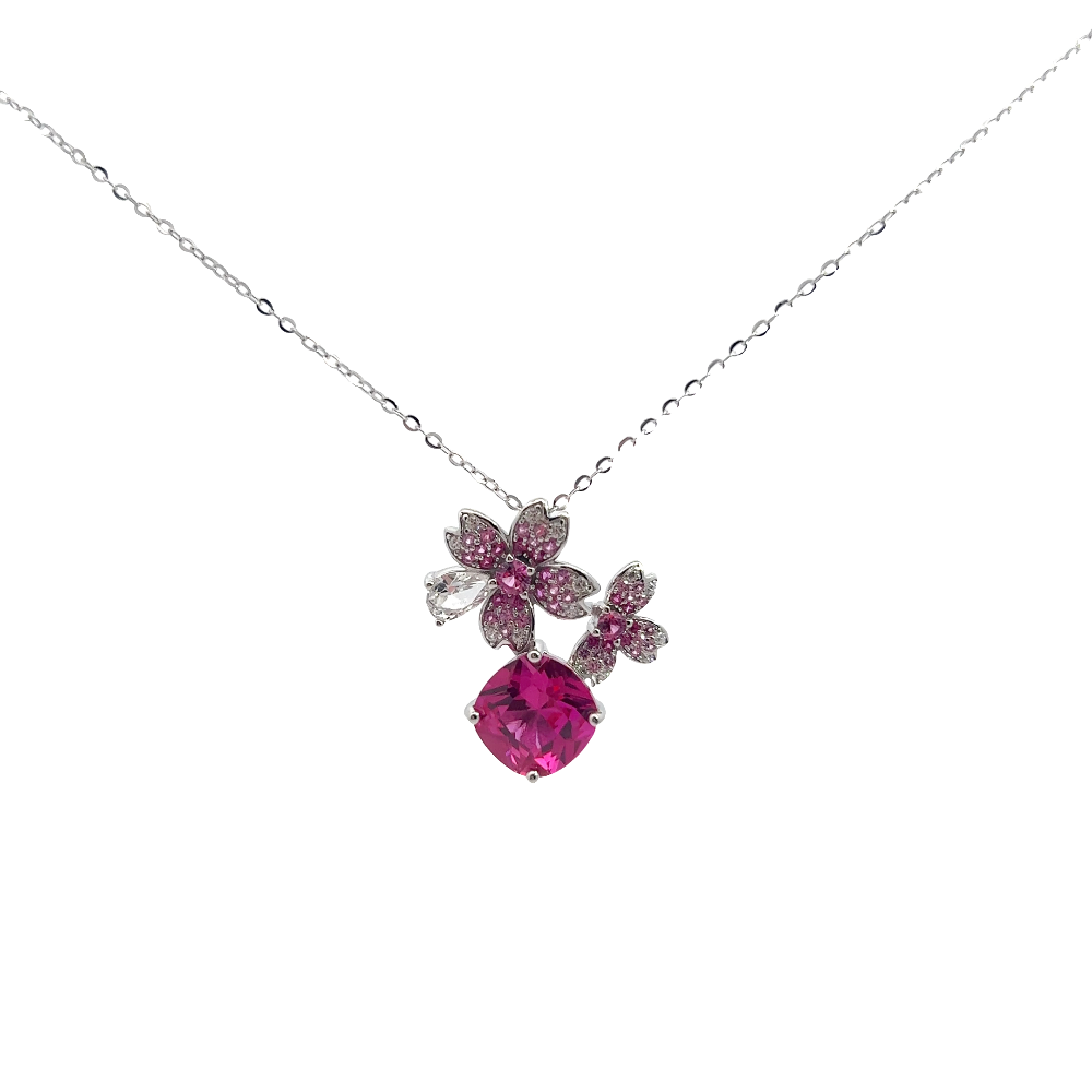 Shop online premium rhodium plated pink sapphire necklace with sparkling cubic zirconia stones.