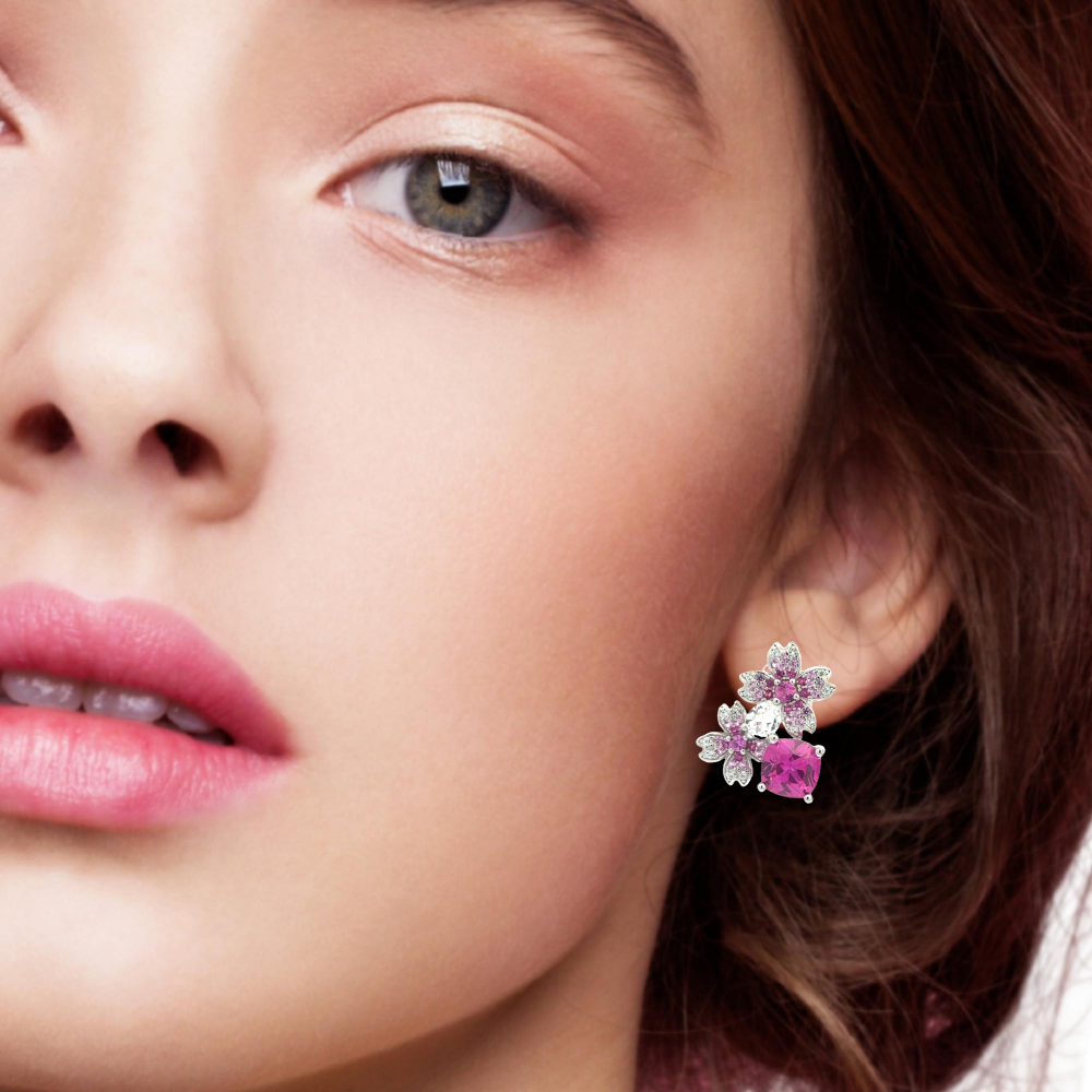 Shop online premium sterling silver pink sapphire stud earrings with sparkling CZ stones.