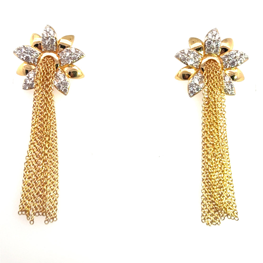 Shop online premium 18K gold flower shoulder-duster earrings with sparkling cubic zirconia.