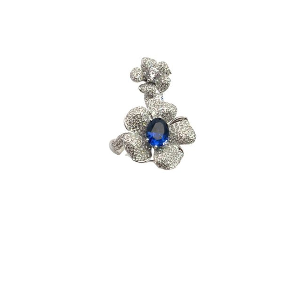 Shop online premium rhodium plated flower ring with blue sapphire & cubic zirconia stones.