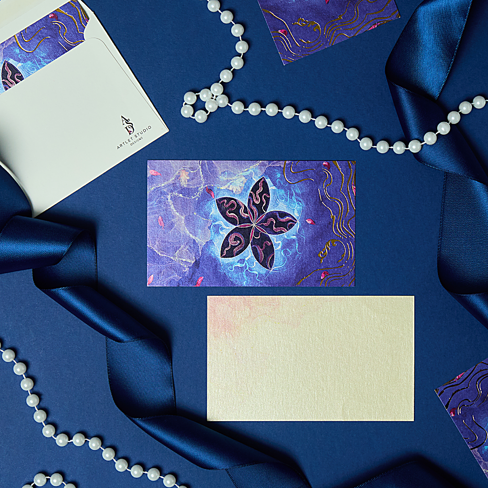 Discover the Flower of Life Notecard at The Luxe Maison, featuring textured paper, gold-foil detailing, and matching ivory envelopes. Pack of 10, made in Dubai.