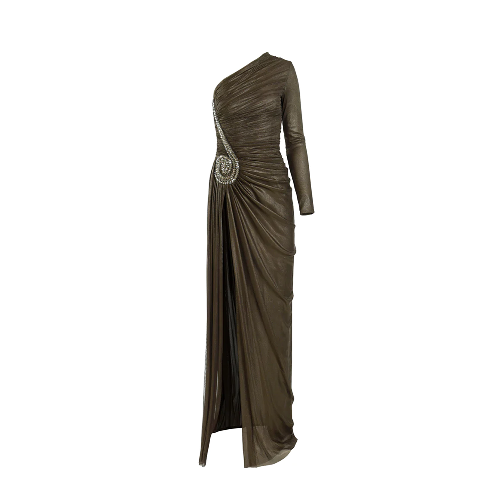 Bronze asymmetric foiled silk tulle dress with escargot embroidery.
