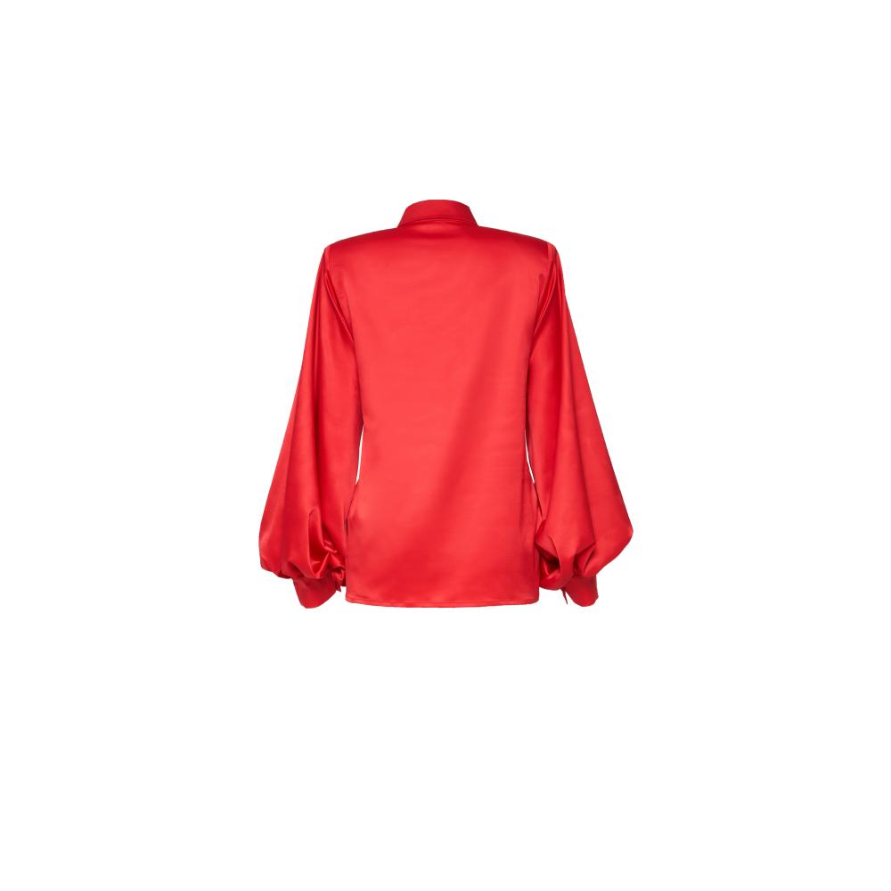 Silk satin blouse with a jacquard belt and shoulder pads.