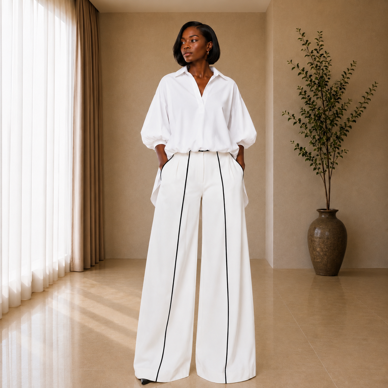 Shop online from our exclusive website. Discover the GATOR set featuring a balloon-hem shirt, elongated palazzo trousers, and crisp white/black piping for effortless luxury and elevated everyday style.
