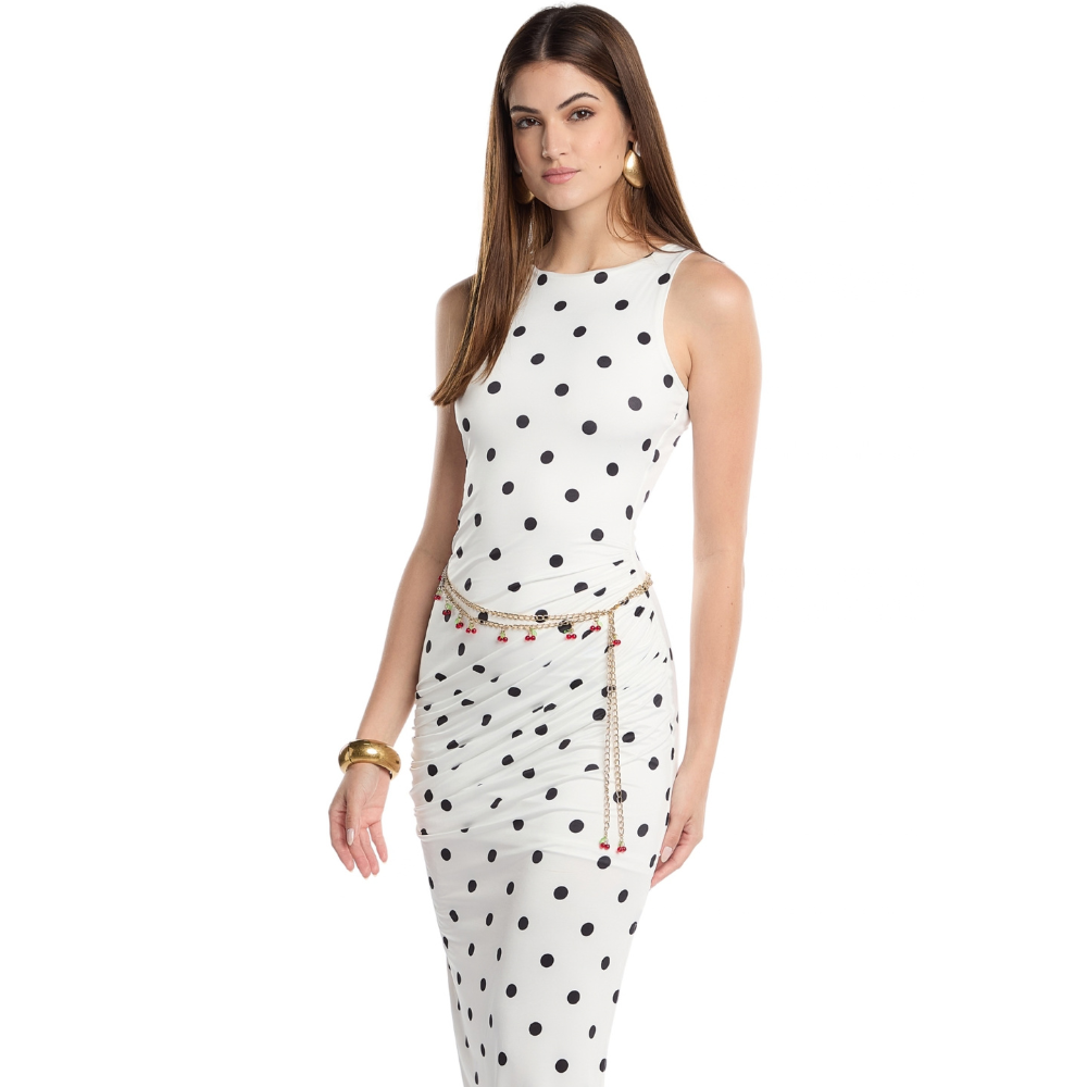 Shop the Gala Polka Dot Maxi Dress at TLM, featuring a high neckline and flattering hip drape. Explore luxury fashion on The Luxe Maison website.