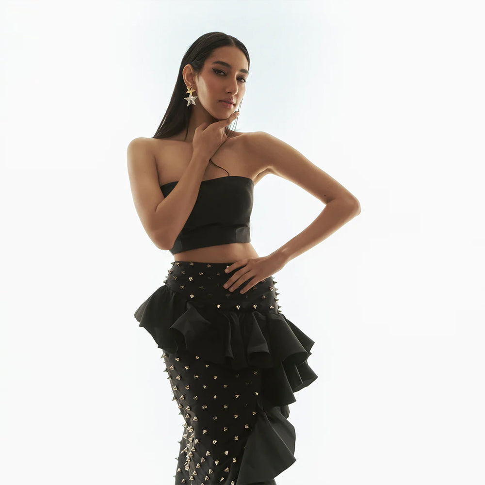 Studded skirt with black tube top, perfect for beach parties and events. Shop online from our curated edit of premium fashion.
