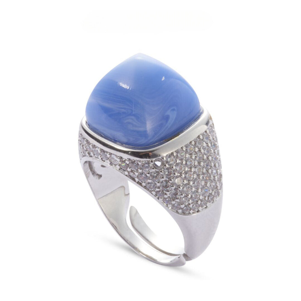 Shop online premium rhodium plated ring with blue chalcedony crystal & cubic zirconia detailing.