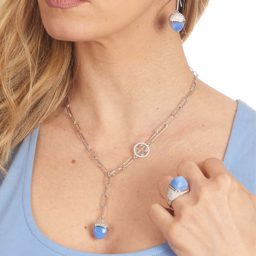 Shop online premium rhodium plated ring with blue chalcedony crystal & cubic zirconia detailing.
