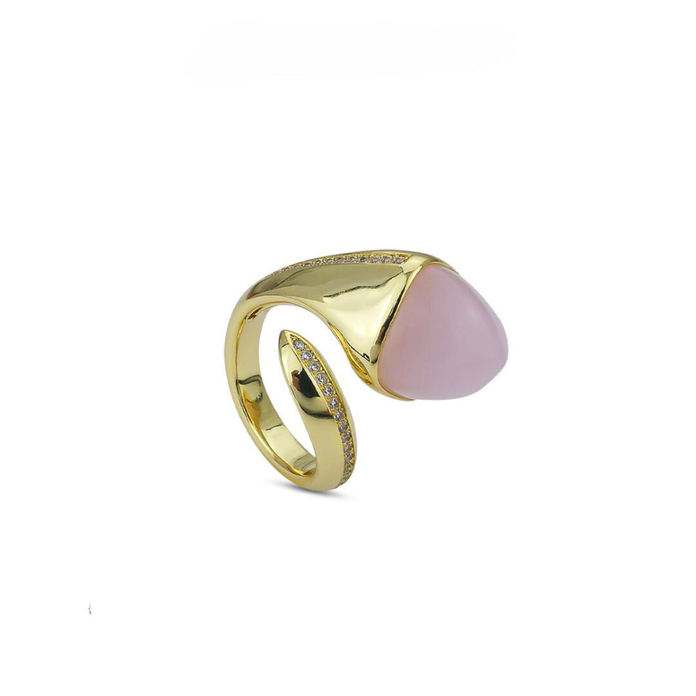 Shop online premium yellow gold plated cuff ring with pyramidal crystal & pave CZ stones.