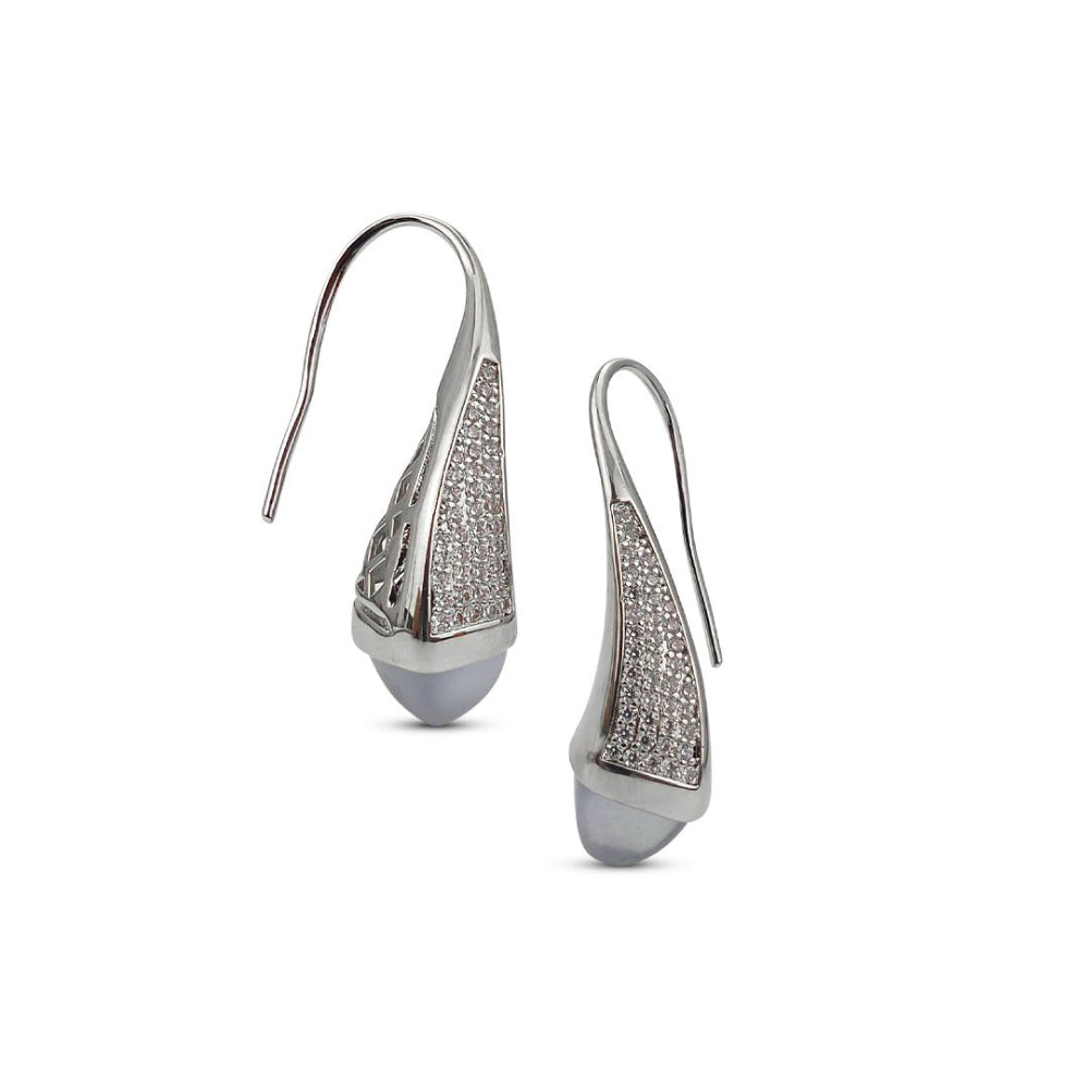Shop online premium rhodium plated teardrop earrings with pyramidal crystal and sparkling cubic zirconia accents for elegant modern styling.