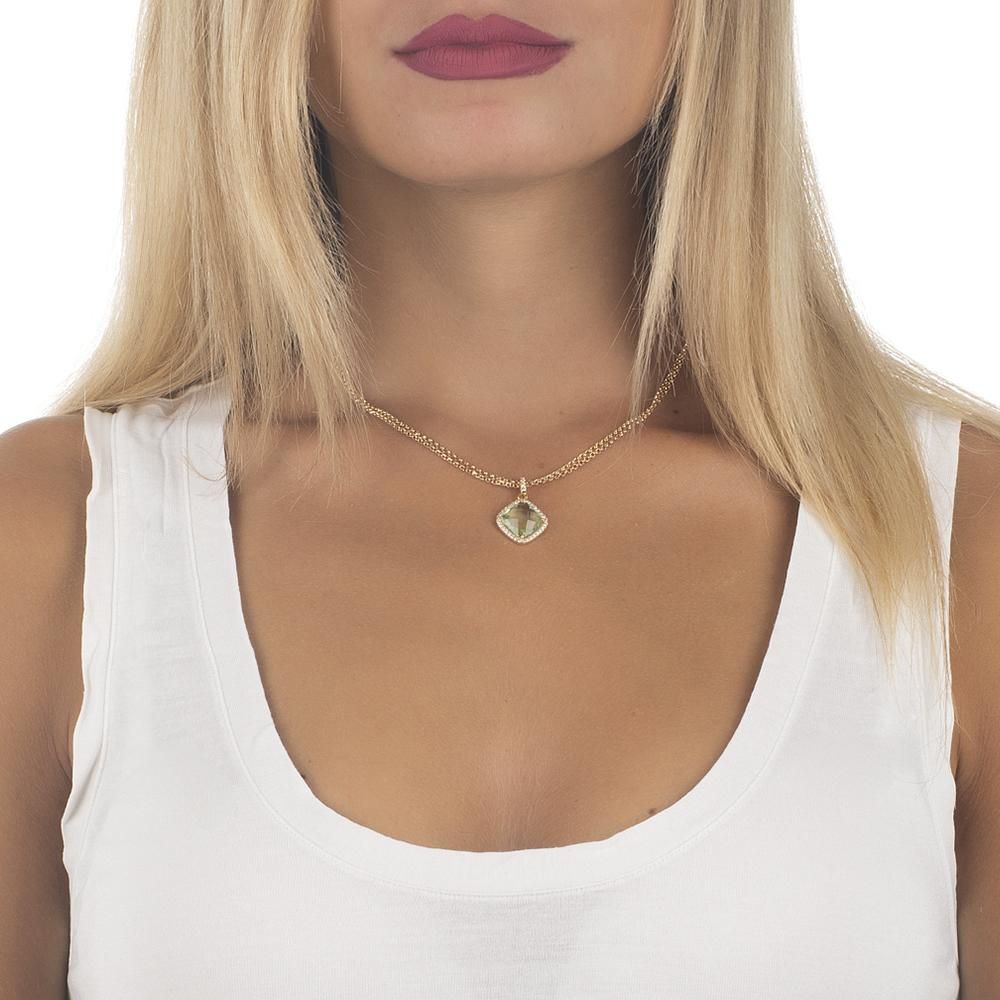 Shop online premium gold plated double chain necklace with chrysolite crystal and sparkling cubic zirconia details.