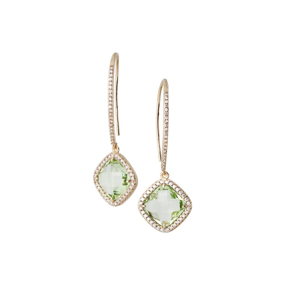 Shop online premium hook earrings with chrysolite briolette crystal and sparkling cubic zirconia halo detailing for elegant glamour.