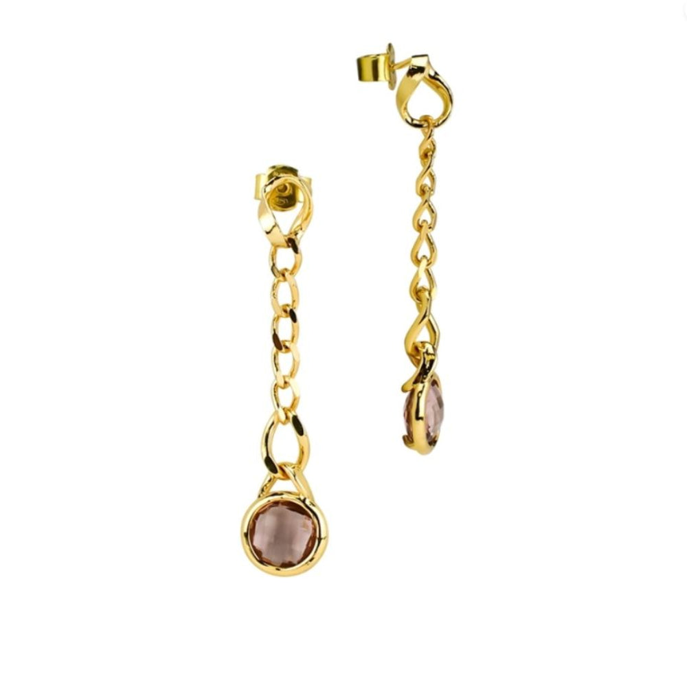 Shop online premium gold plated long earrings with round orange crystal on curb link design for modern elegant styling.