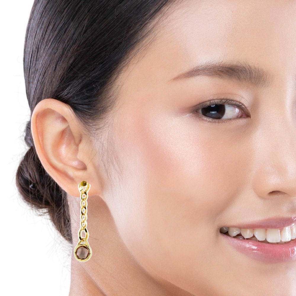 Shop online premium gold plated long earrings with round orange crystal on curb link design for modern elegant styling.