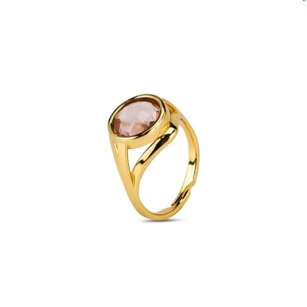 Shop online premium yellow gold plated adjustable ring with elegant colored crystal detailing.