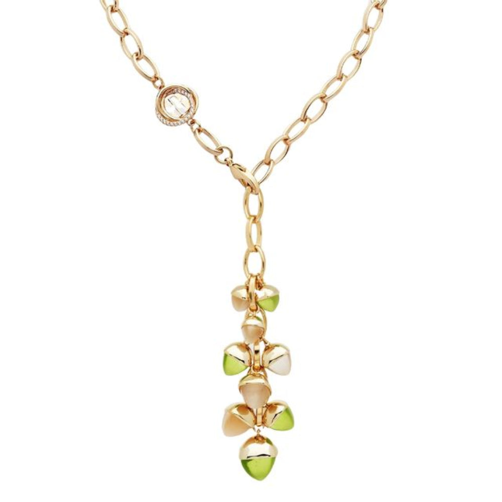Shop online premium gold plated Y necklace with moonstone and olivine pyramidal crystals on a paper clip chain.