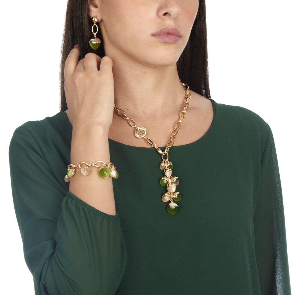 Shop online premium gold plated Y necklace with moonstone and olivine pyramidal crystals on a paper clip chain.