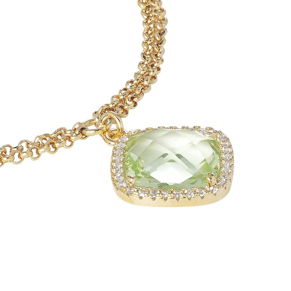 Yellow gold plated double chain bronze bracelet featuring sparkling cubic zirconia and a chrysolite crystal accent for a refined modern finish. Shop premium jewelry online.