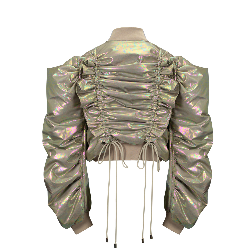 Golden Petrol Fairy Voluminous Bomber now in women store for chic looks. Shop Now!
