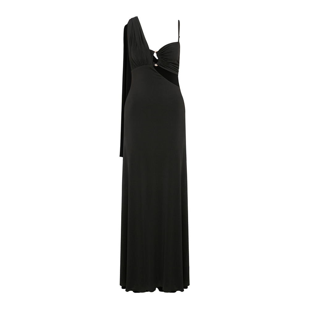 Grace Jersey Asymmetric Long Dress in Black