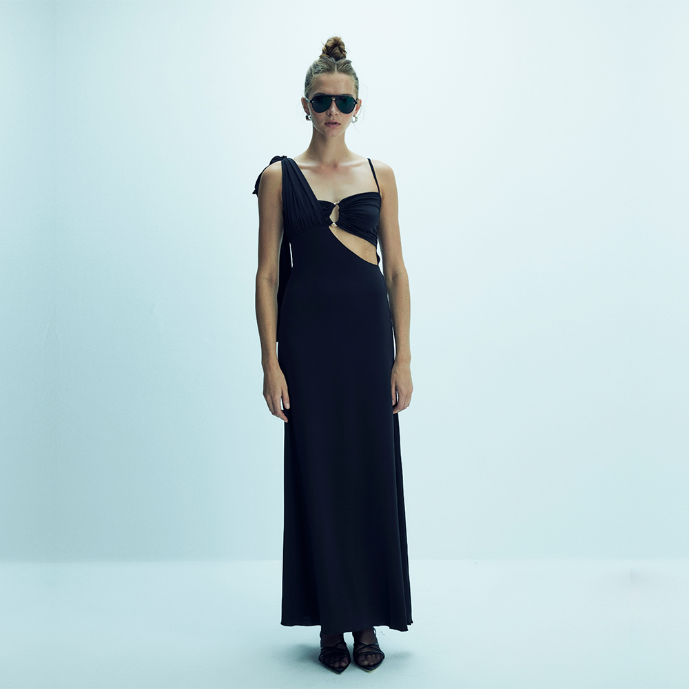 Grace Jersey Asymmetric Long Dress in Black