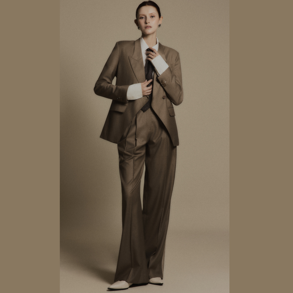 Discover refined women fashion featuring the elegant Granite Brown Wool Wide Leg Suit Jacket. Shop Now!