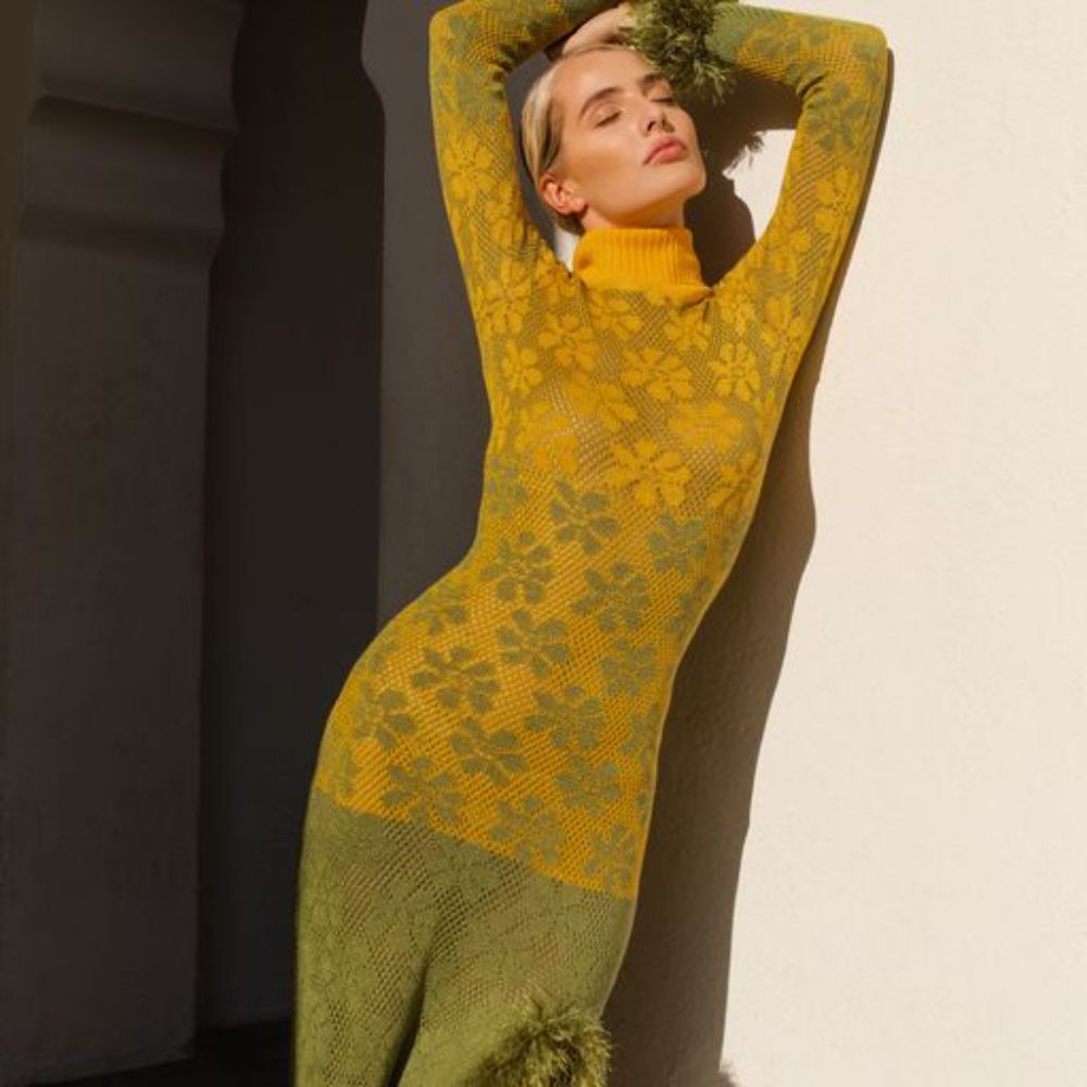 Green maxi knit dress with handmade knit details perfect fits on the body and create fabulous feminine look. 