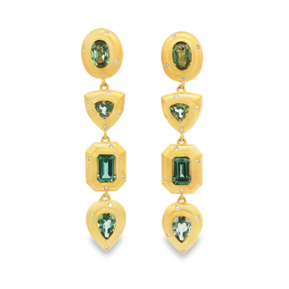 Shop online premium 18K gold shoulder duster earrings with green sapphire and CZ stones.