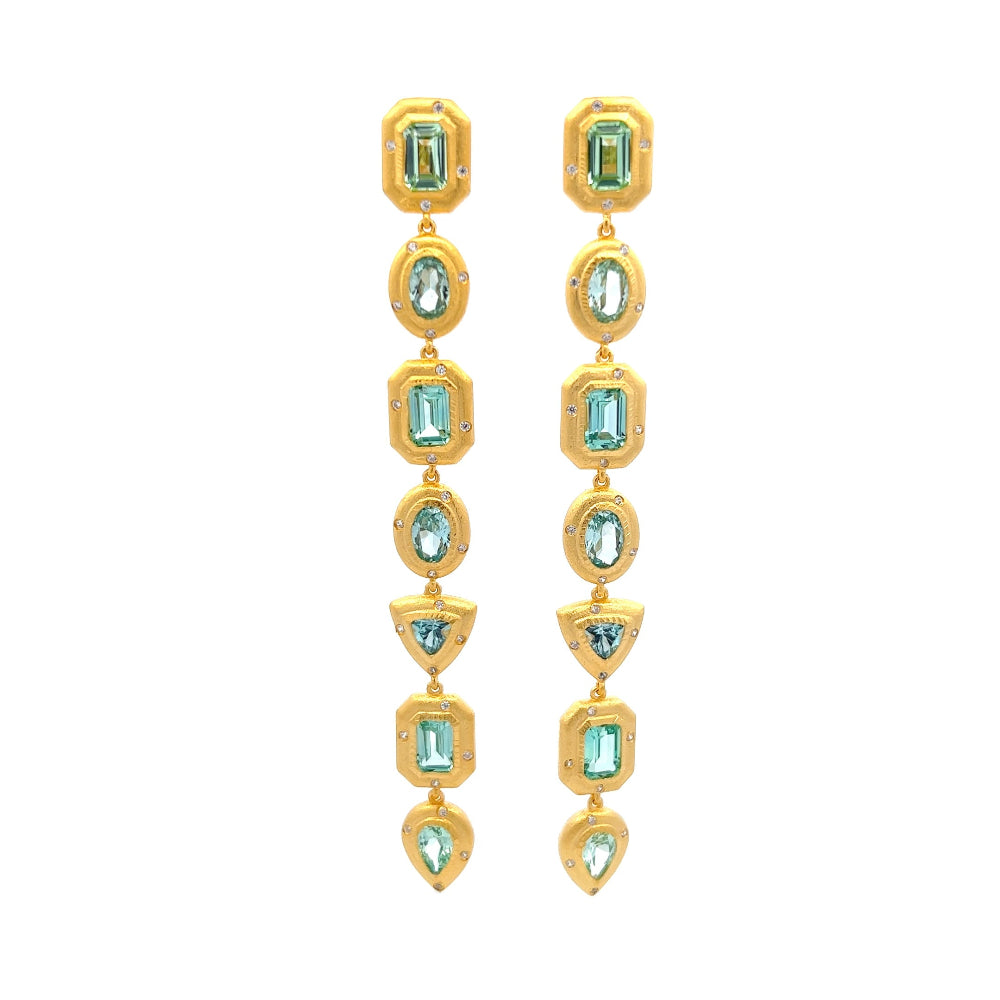 Shop online premium 18K gold shoulder duster earrings with green sapphire and CZ stones.