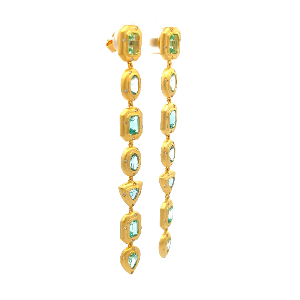 Shop online premium 18K gold shoulder duster earrings with green sapphire and CZ stones.