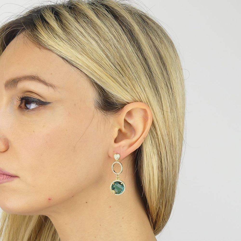 Shop online premium gold plated drop earrings with green tourmaline briolette crystal and sparkling cubic zirconia heart detailing.